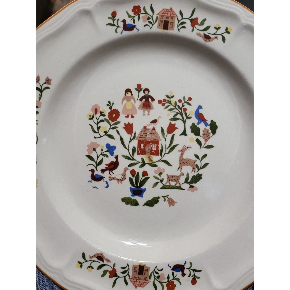 Gibson Designs Adam and Eve Plates Set of 4 Folk Art Cottagecore China 10.5in